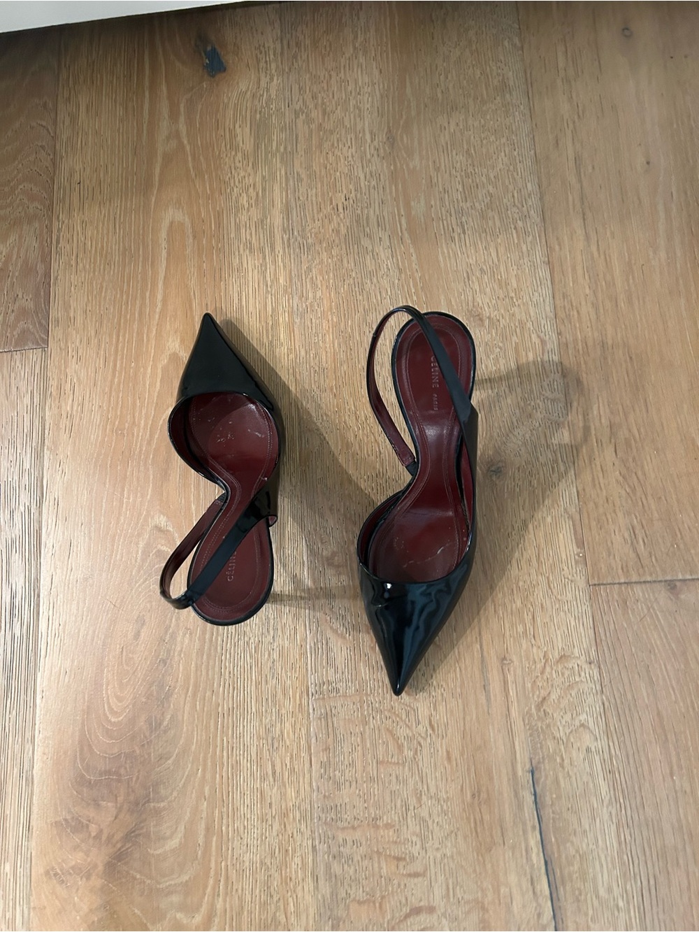 CELINE black patent leather sling backs with pointed toe.